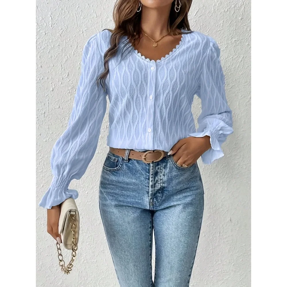 

Plus Size 1XL-5XL New Women's V-neck Lace Trimmed Front Round Neck Long Sleeved Shirt Women Casual Long Sleeved Lapel Shirt