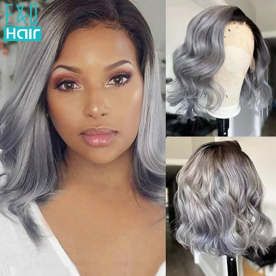 1B/Grey Short Bob Lace Front Wig Human Hair Wigs For Women Ombre Colored Brazilian Wavy Transparent Lace T Part Wig Pre Plucked