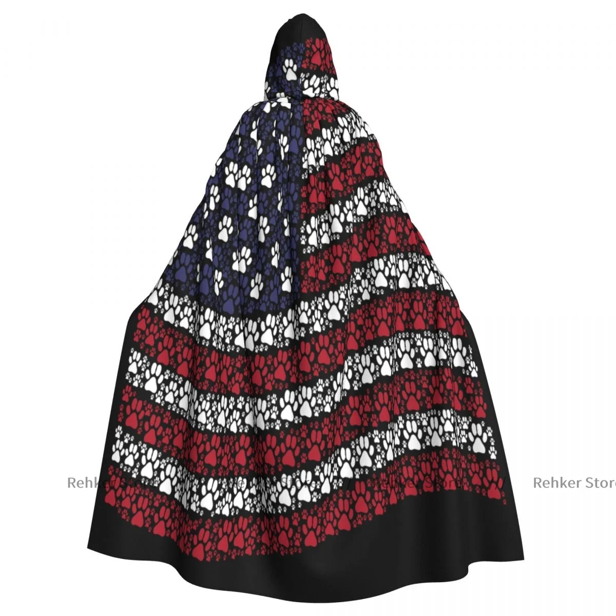 Adult Halloween Paw Footprint Pictograms Waving USA Flag Cloak Cape Hooded Medieval Costume Full Length Dress Coat