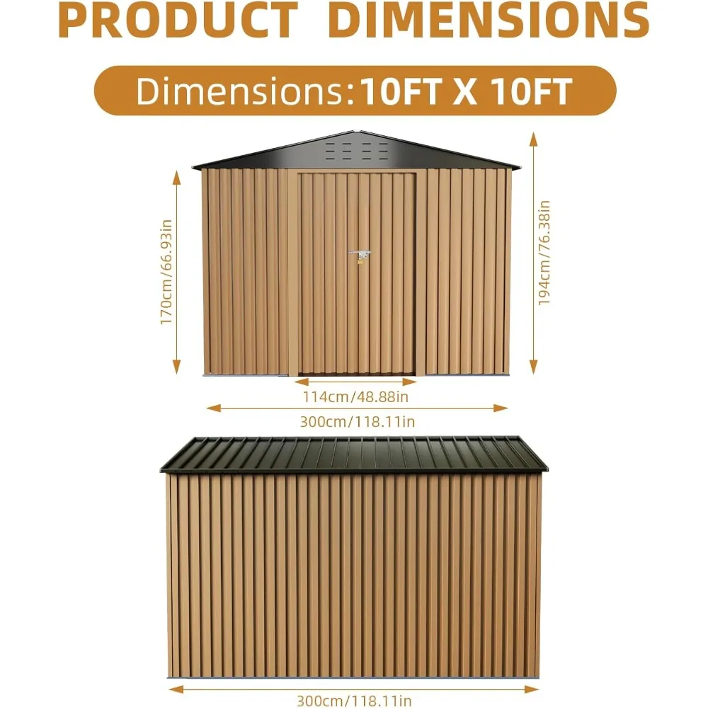 سقيفة تخزين كبيرة في الهواء الطلق، سقيفة حديقة معدنية مقاس 10 × 10 أقدام مع فتحة تهوية، قابلة للقفل، مناسبة لتخزين الأدوات والأثاث