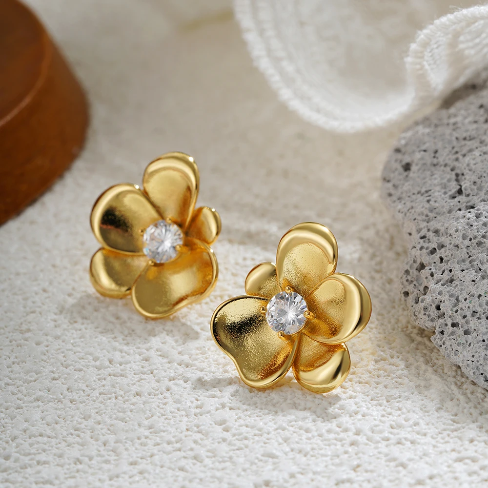 Fashion Stainless Steel CZ Zircon Flower Stud Earrings for Women Elegant Gold Plated Chunky Waterproof Earring Statement Jewelry