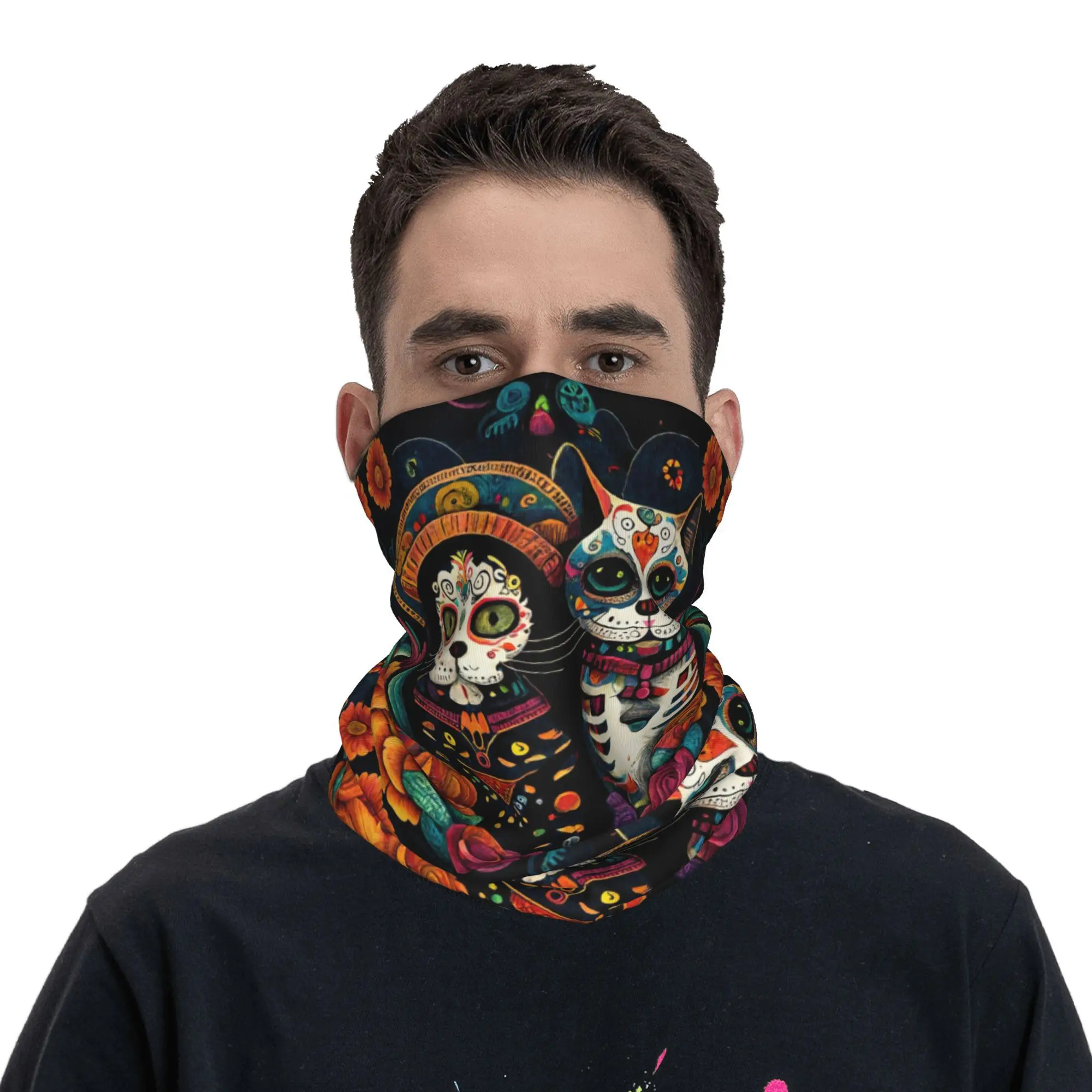 

День мертвых Kitten Cat Sugar Skull Dia de Los Muertos Бандана на шею Шарф с принтом Маска для лица Спорт на открытом воздухе