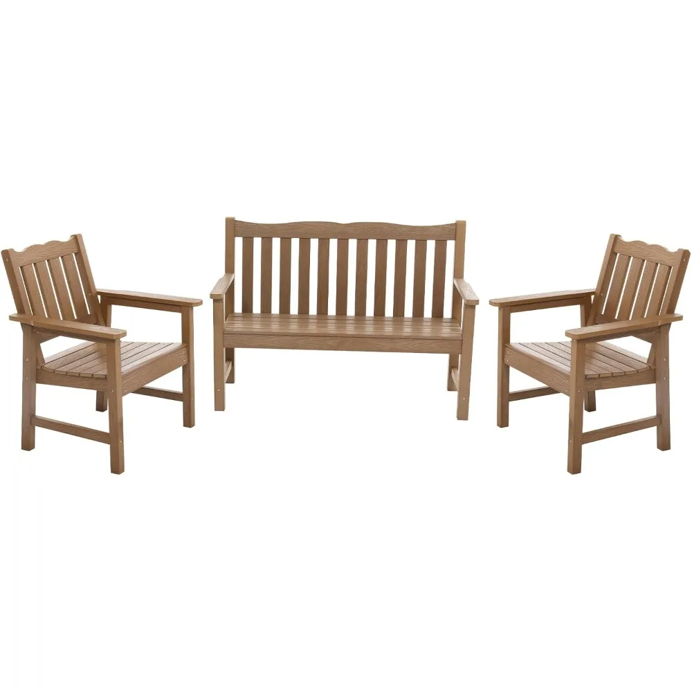 

All-Weather Garden Bench & Chairs Set, 3-Piece Patio Furniture Set, Include 2 Outdoor Chairs and 1 Outdoor Bench, Teak