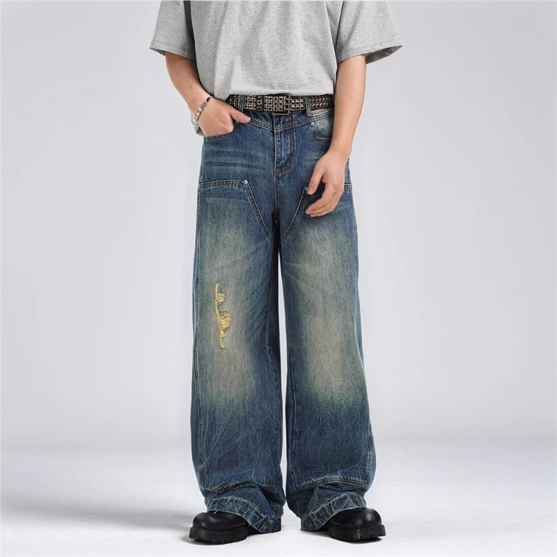 2026 Spring Autumn Ripped Double Knee Jeans Mens Washed Distressed Loose Straight Wide Leg Spliced Denim Pants Men