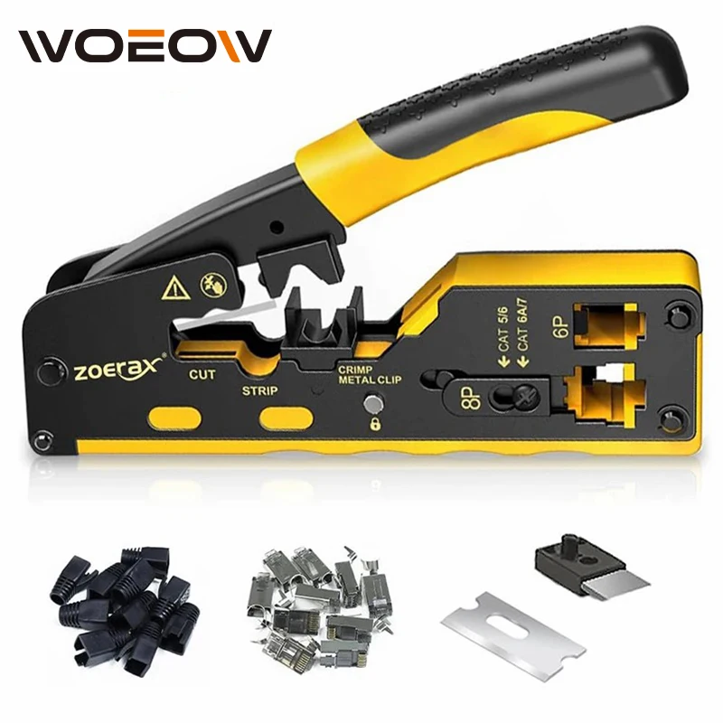 WoeoW Pass Through RJ45 Crimp Tool with 10PCS Cat7 Connectors and Strain Relief Boots, Ethernet Wire Cutter Crimper