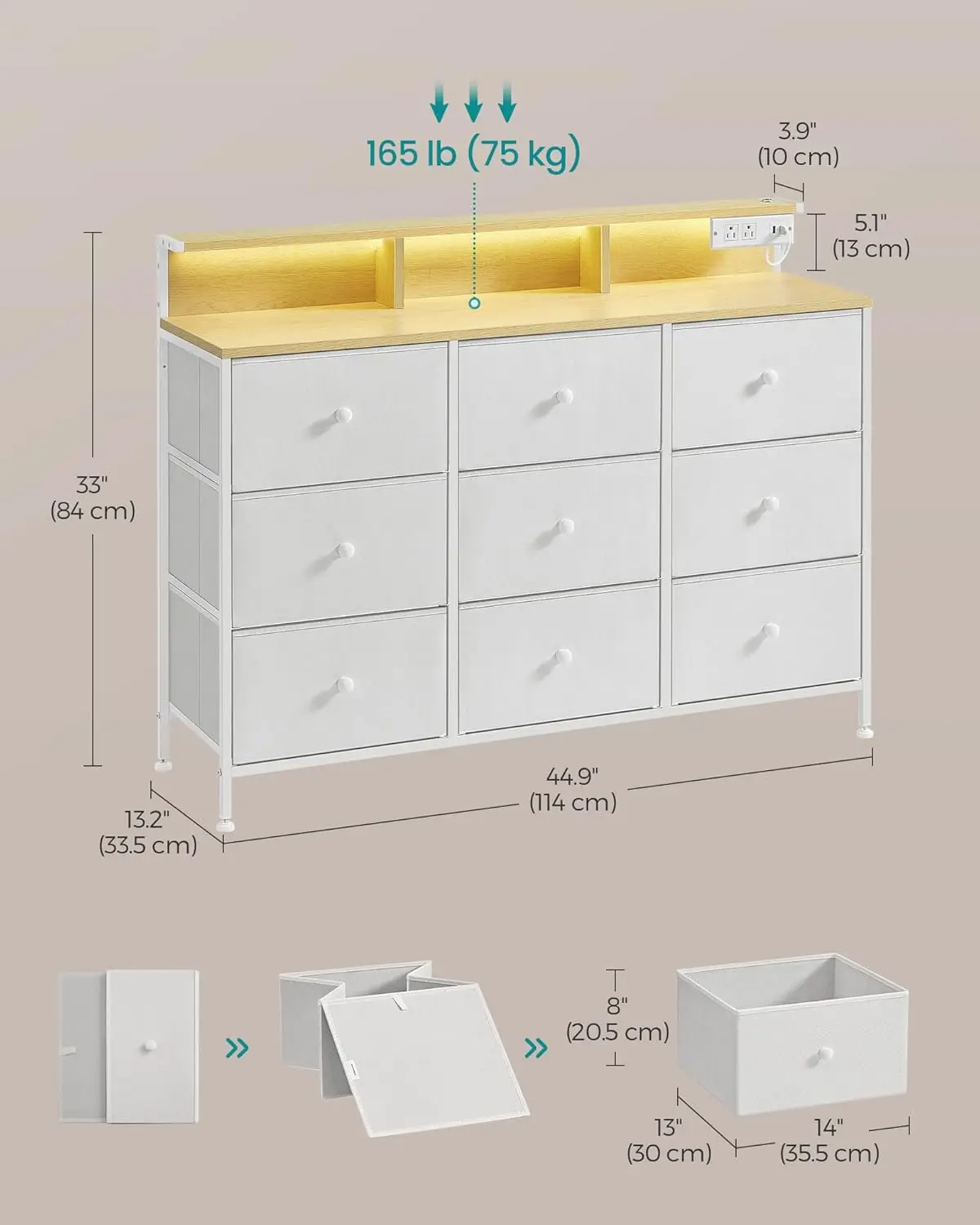 Dresser for Bedroom, Storage Organizer with 9 Fabric Drawers and LED Lights, Charging Station, Steel Frame, 13.2 x 44.9 x 33 Inc