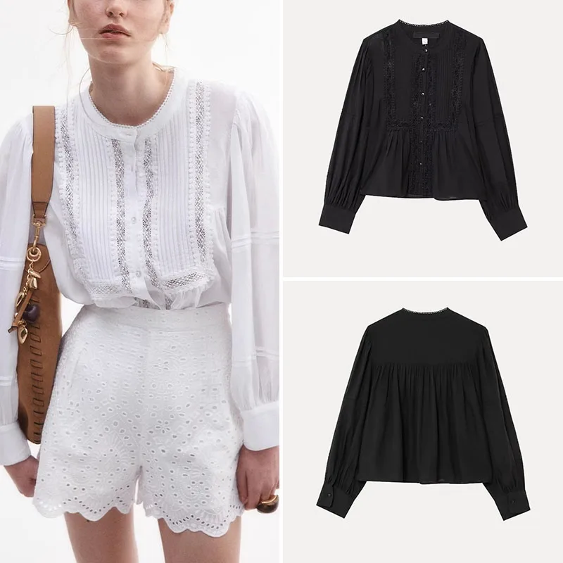 Lente 2025, dames Faion irt kanten rand lang Sve eenvoudige elegantie top Z polyestervezel pure kleur veelzijdige sle