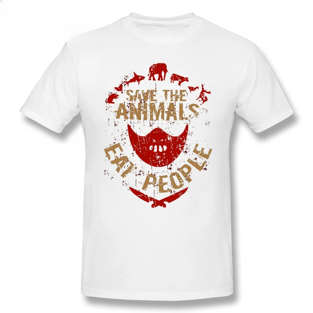 Mens Hannibal Save The Animals EAT PEOPLE Print Casual 100% Cotton Fun Oversize harajuku summer fashion Round neck heavyweight