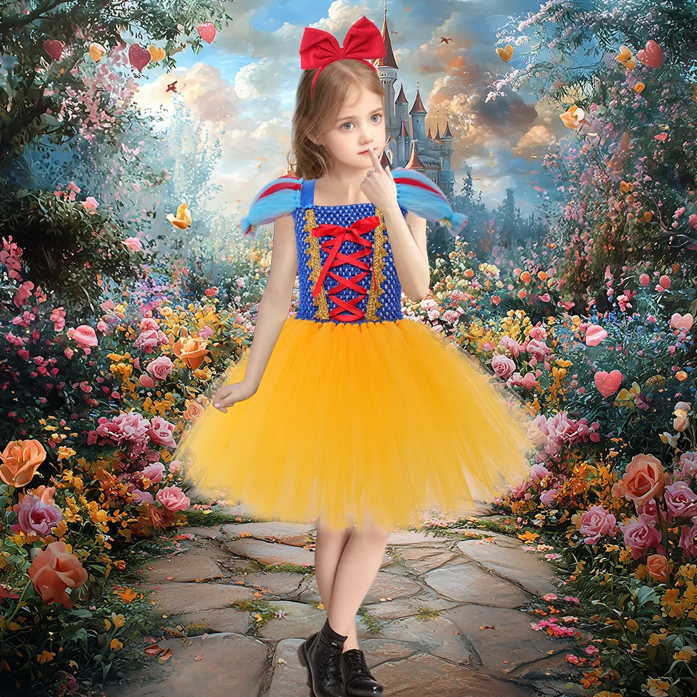 Halloween Children's Costume Snow White Mesh Dress Cosplay Costume Fairy Tale Princess Party Dance Costume