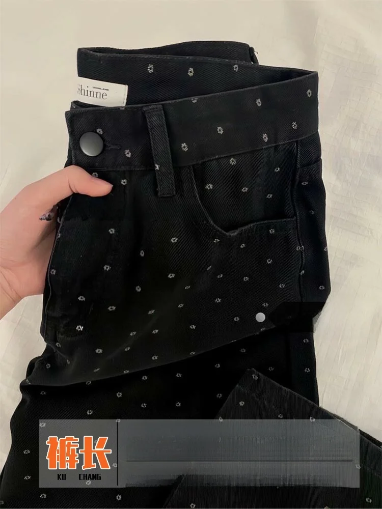 

plus Size Black Retro Floral Polka Dot Denim Jeans Women Summer High Waist Straight Leg Loose Wide Leg Long Pants