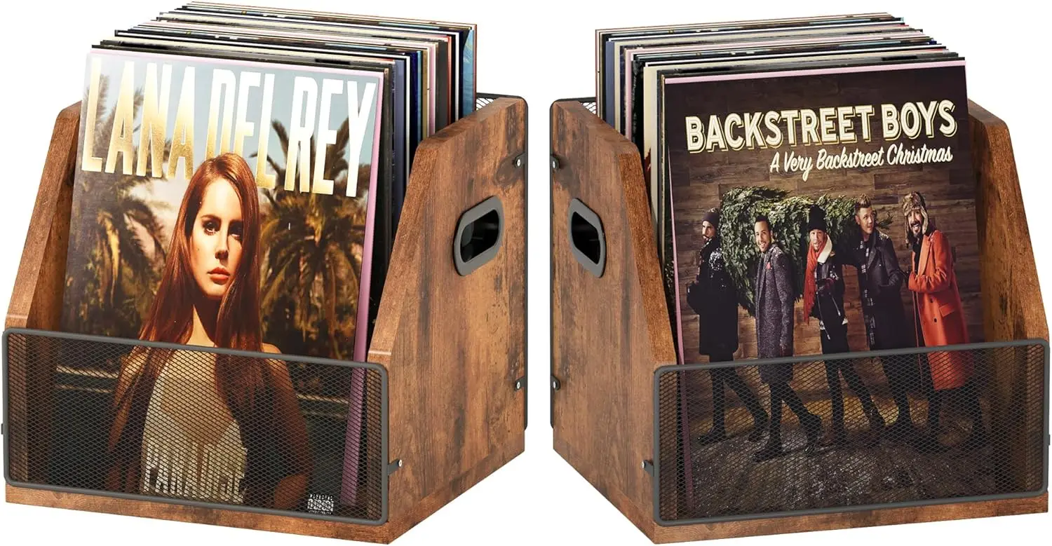 

2-Pack Vinyl Record Storage Crates, Metal & Wooden LP Organizer for Home Collection