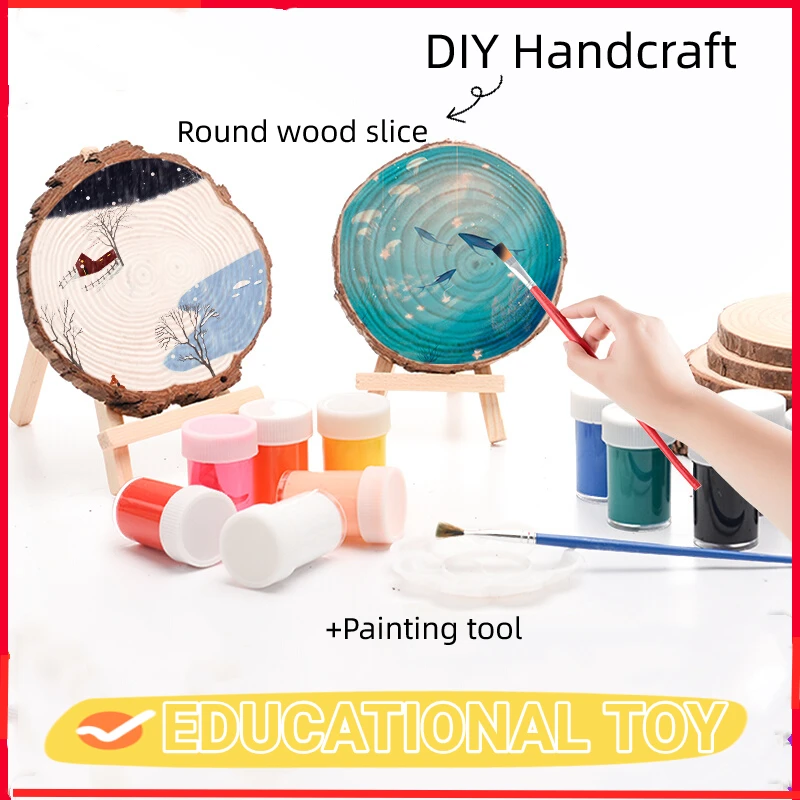 Children Painting Tool set Round Wood Slices Log Disc Pigment Color DIY Wooden Craft Ornament Making Material Educational Toys