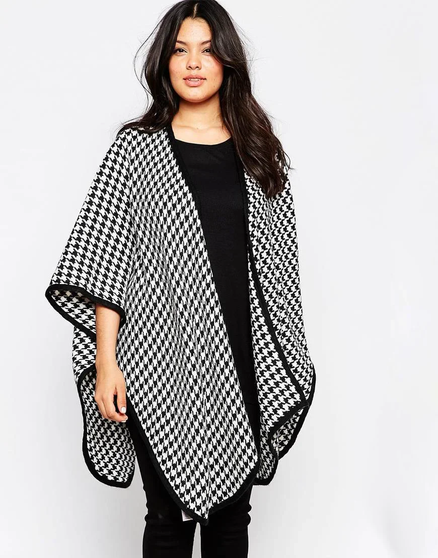 

Plus Size Casual Houndstooth Trench Coat Long Bat Sleeve Open Front Female Loose Autumn Winter Woolen Kimono Cardigan 5XL 6XL