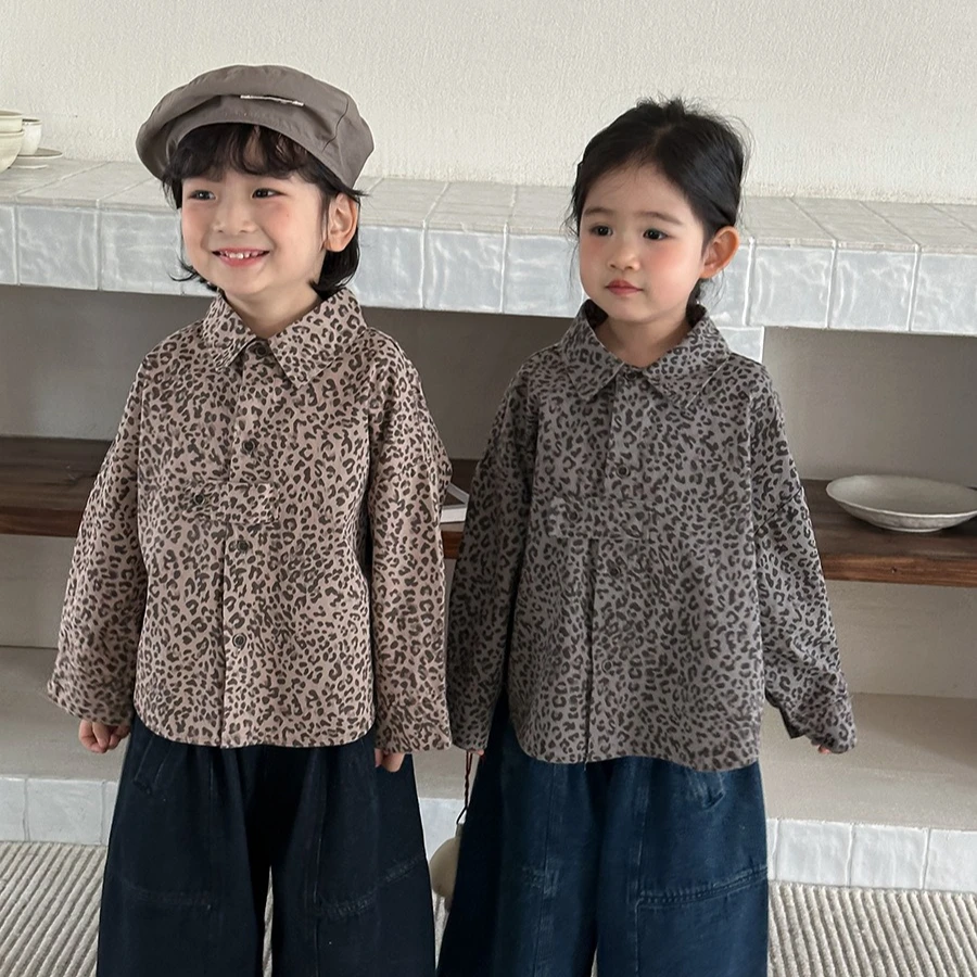 

Shirt 2026 Spring and Summer New Children's Clothing Korean Style Boys and Girls Sen Retro Leopard Print Long-sleeved Shirt