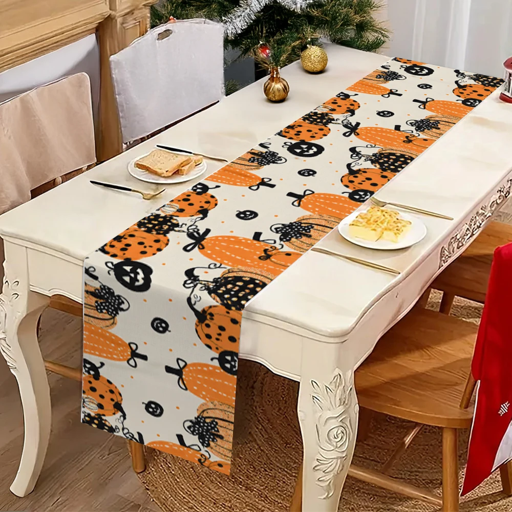 Halloween Pumpkin Table Runner Black Dot Jack‑o‑Lantern Print Fall Autumn Holiday Table Decor Farmhouse Kitchen Dining Table Run