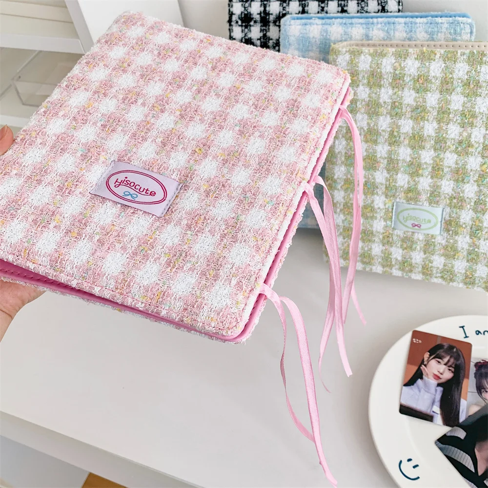 Simple Woolen Lattice Photo Album With 10Pcs Sleeves Kpop Bandage Ribbon Binder Photocards Collect Book Postcards Storage Book