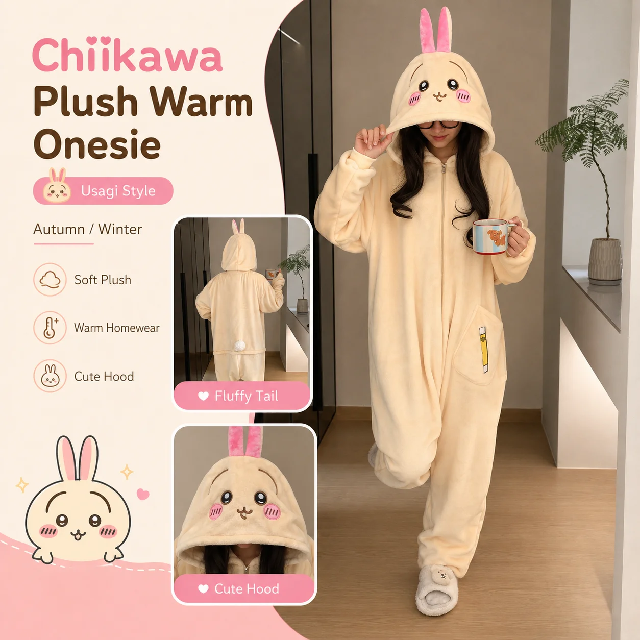 Chiikawa Usagi Cartoon Plüsch-Onesie Dickes Fleece Winter Herbst Warme Schlafkleidung Cosplay-Outfit Halloween-Themenparty Kostüm Geschenk