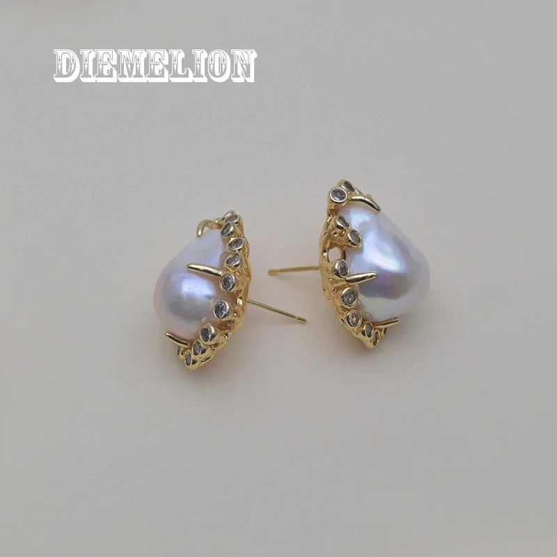 Micro Inlay Colorful Zircon 15~20mm Natural Freshwater Irregular Baroque Pearl Stud Earrings for Women Luxury Party Jewelry