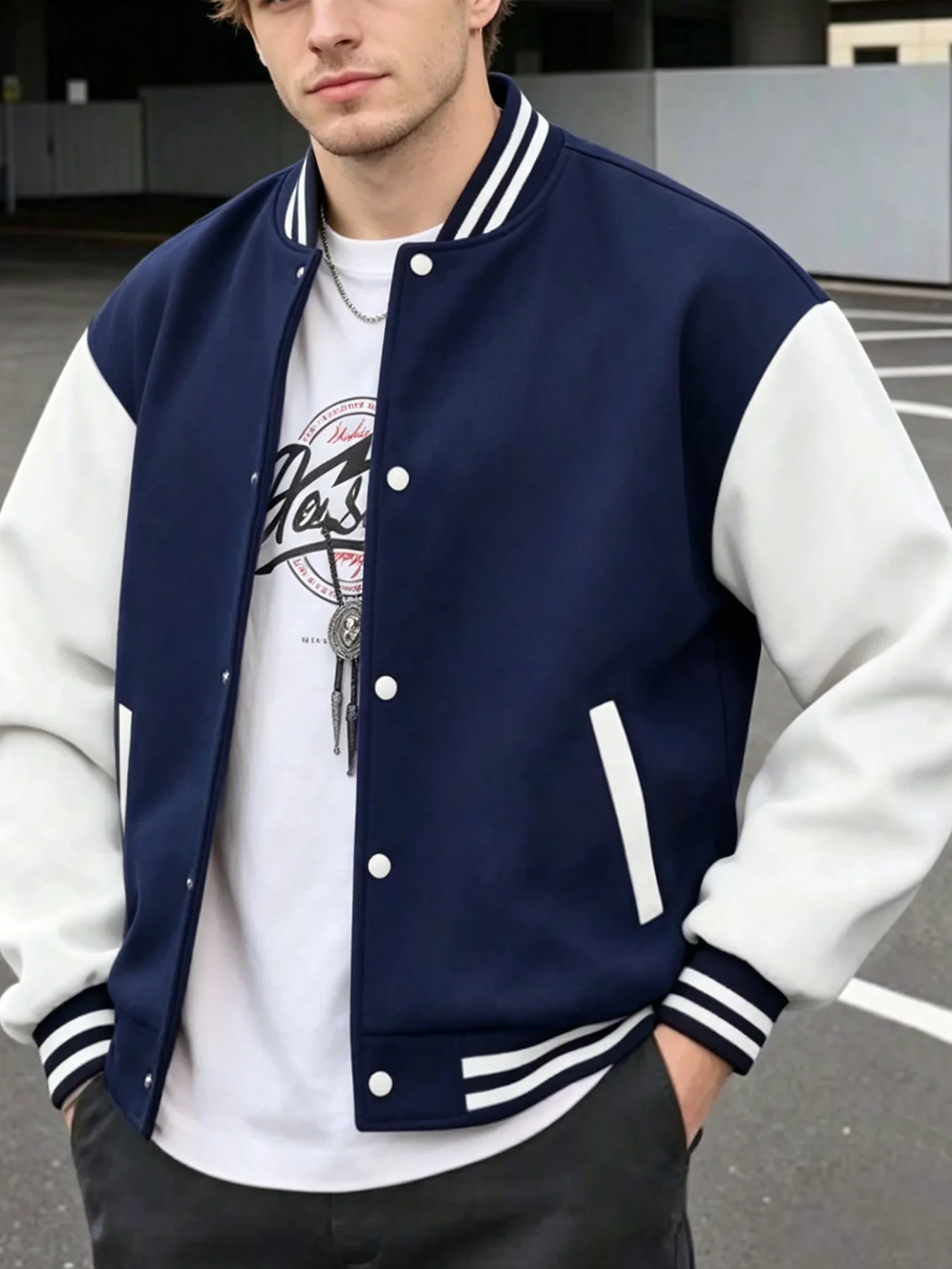 Retro Striped Rib Trim Men Baseball Jacket Contrast Raglan Sleeves Snap Fastener Front Side Pockets Relaxed Fit Varsity Coat