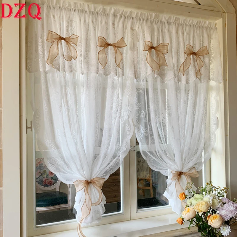 White Warp Ruffled Curtains for Living Room French Elegant Lace Tulle Curtains for Bedroom Bow Tie Curtains Wedding Decor #A344