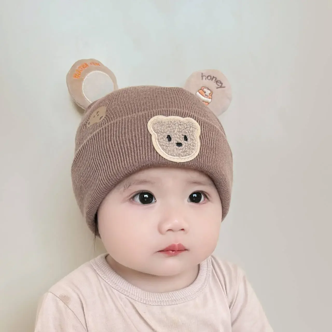 Wnter Gorro cálido para bebé, gorro tejido con orejas de oso para niño y niña, gorros tipo jersey con estampado de dibujos animados para niños