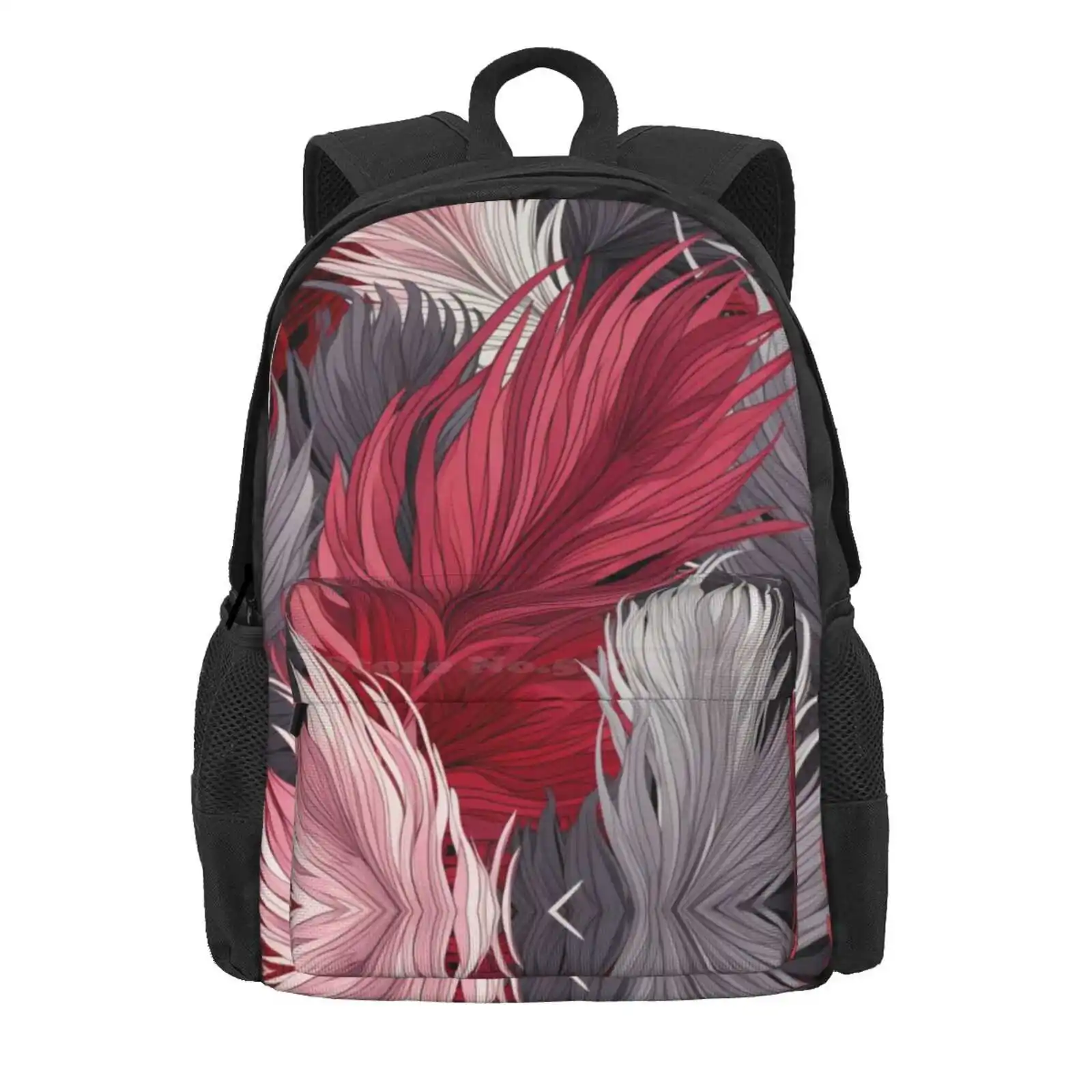 Red And Grey Feathers Pattern Hot Sale Schoolbag Backpack Fashion Bags Grasses Pampas Giant Plumes Birds Feathers Red Grey Pink