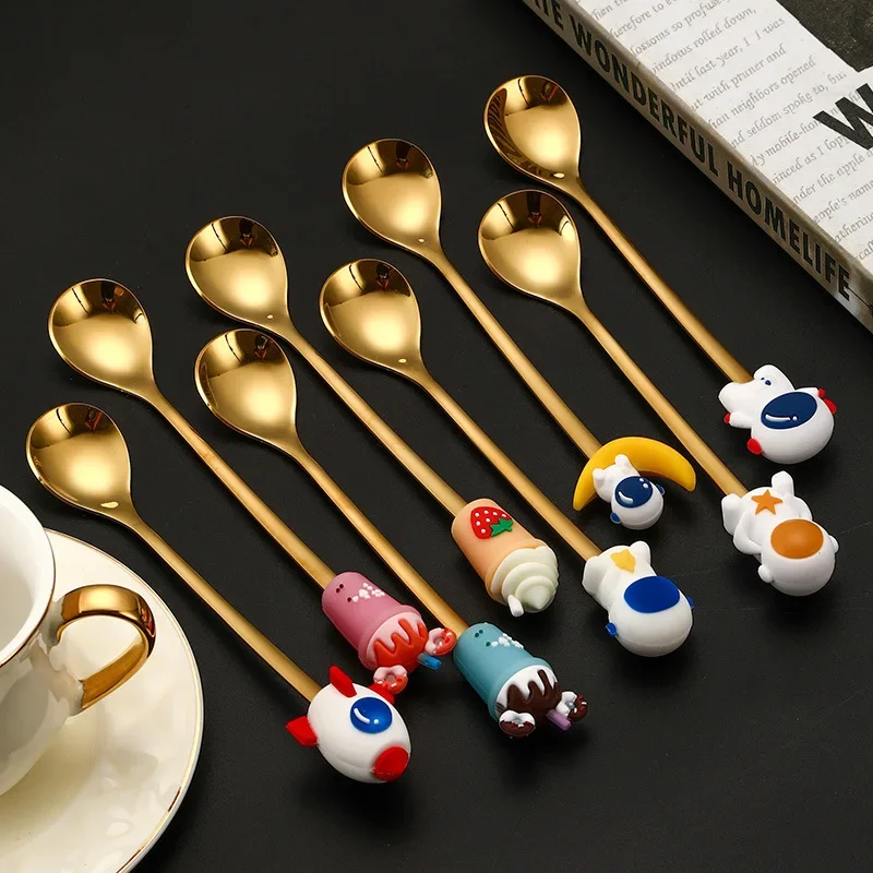 Stainless Steel Coffee Spoon Round Head Spoon Astronaut Style Spoons Forks Honey Dessert Gift Mixing Spoon Bento Accessories