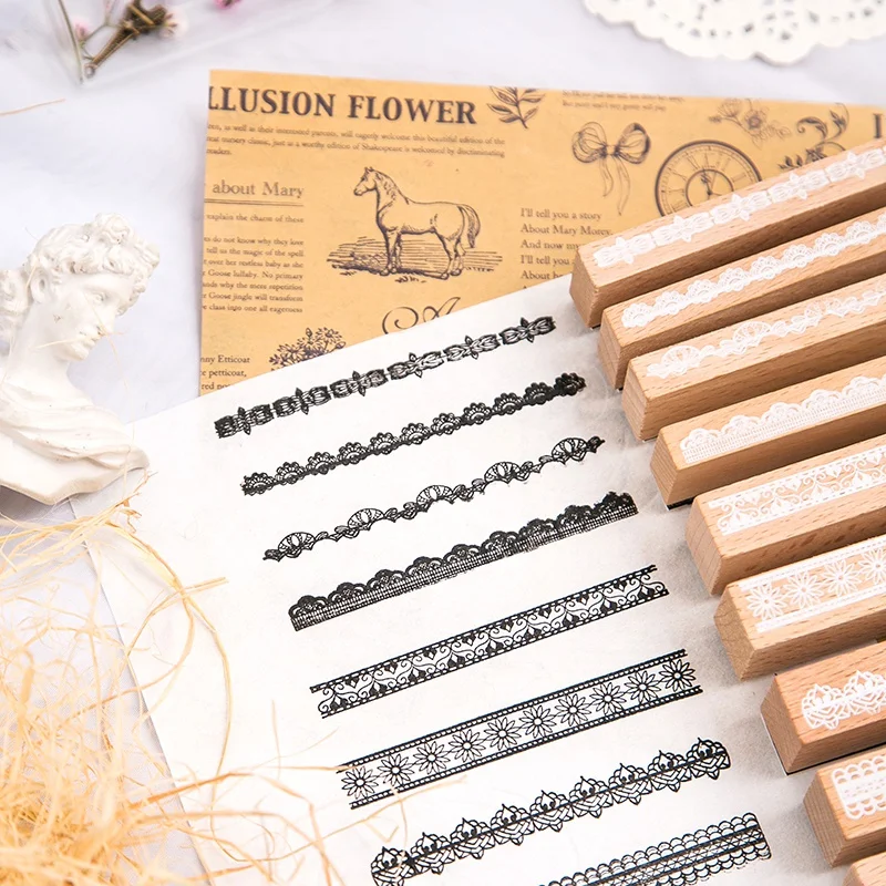 10pcs/set Vintage Flower Lace Decoration Stamp Wooden Rubber Stamps for Scrapbooking Stationery DIY Craft Standard Stamp