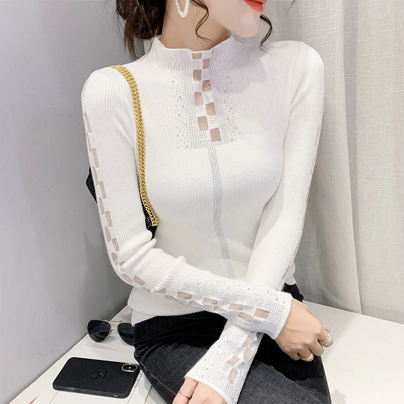 Fall Winter Knitted Mock Neck Sweater Sexy Spliced Hollow Out Shiny Diamonds Women\'s Bottoming Shirt Pullovers Slim Tops 1016