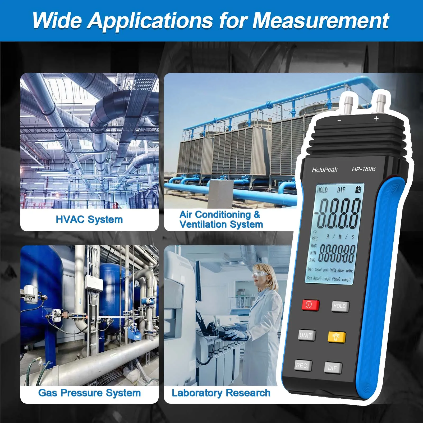 Gas Pressure Tester HP-189B LCD Display With Backlight Digital Manomete Dual-Port Manometer for any gas pressure system trouble