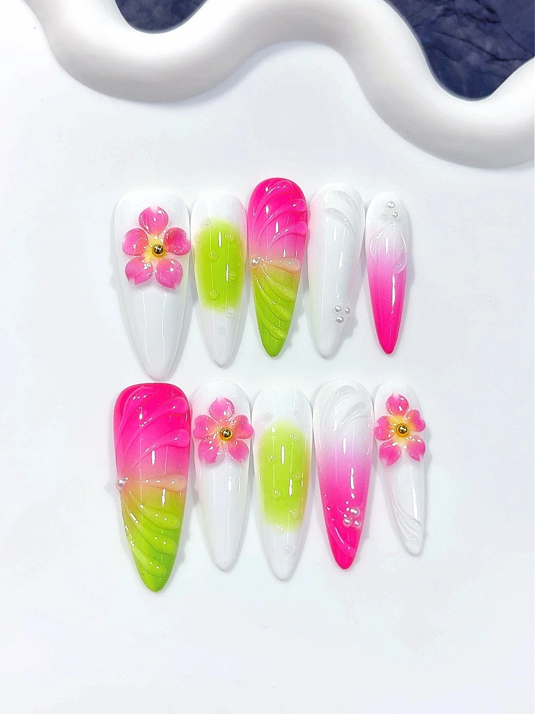 

Almond Shape Press on Nails - Neon Pink Green 3D Floral Design, Glossy Fake Nails for Women, Trendy Spring Nail Art（D593）