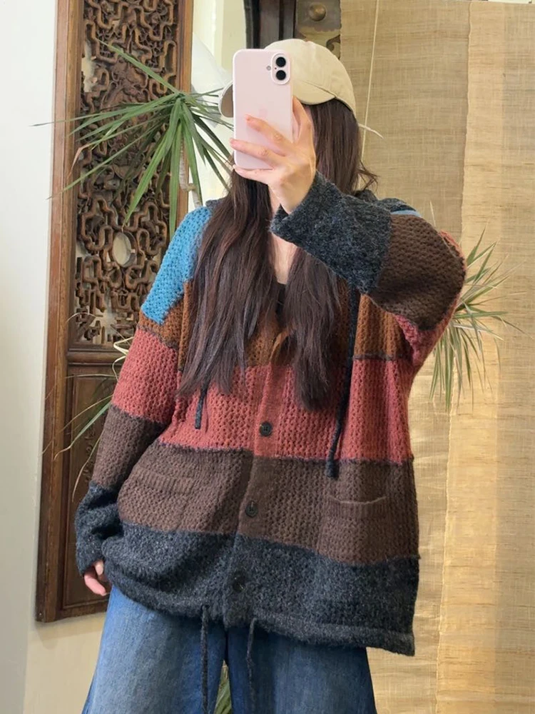 Amax LuluE Koean-cárdigans de moda de invierno para mujer, suéteres de punto holgados clásicos, prendas de punto informales con capucha de gran tamaño
