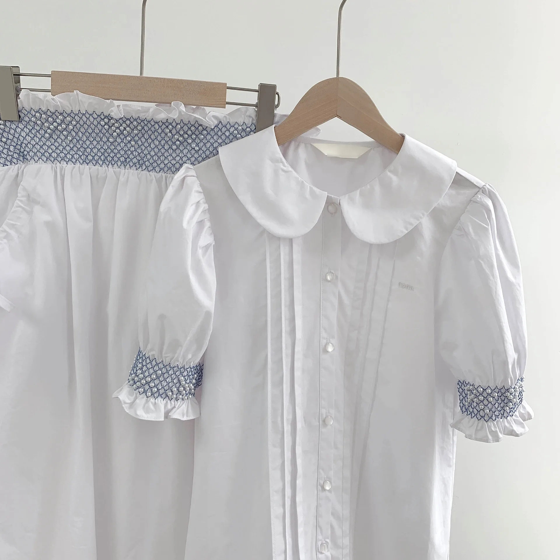 

Selfwill Summer 2025 Women's Sweet Style Bubble Sleeve Shirt Skirt Set Cotton Short Sleeve Turn-down Collar French Style