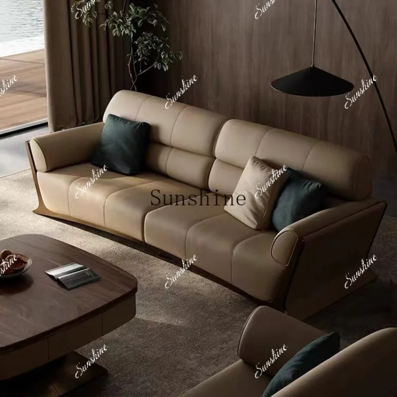 Italian light luxury multi-person, villa large flat-floor living room hotel leather straight-row sofa  FT