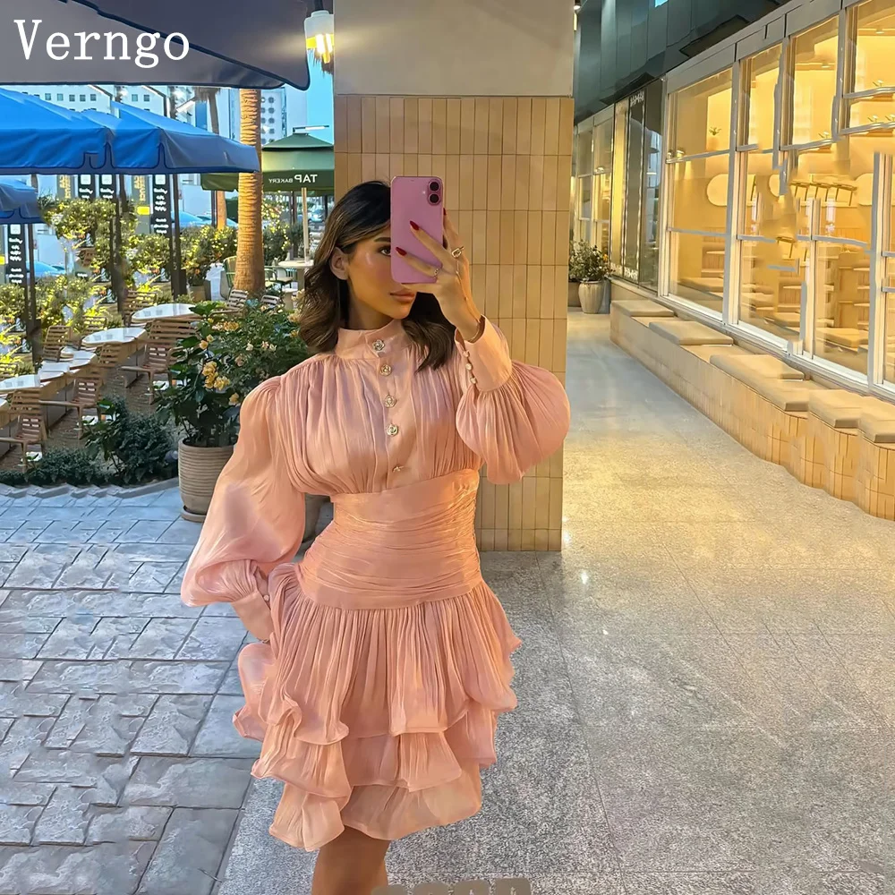 

Verngo Apricot Shiny Ankle Evening Dress Tiered Full Sleeves Prom Gowns A Line Party Dresses Customized