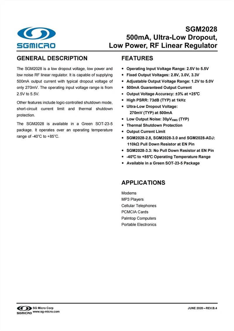 

50Pcs/Lot SGM2028-3.3YN5G/TR Fixed Output Voltages: 3.3V 500mA,Ultra Low Dropout,Low Power,RF Linear Regulator