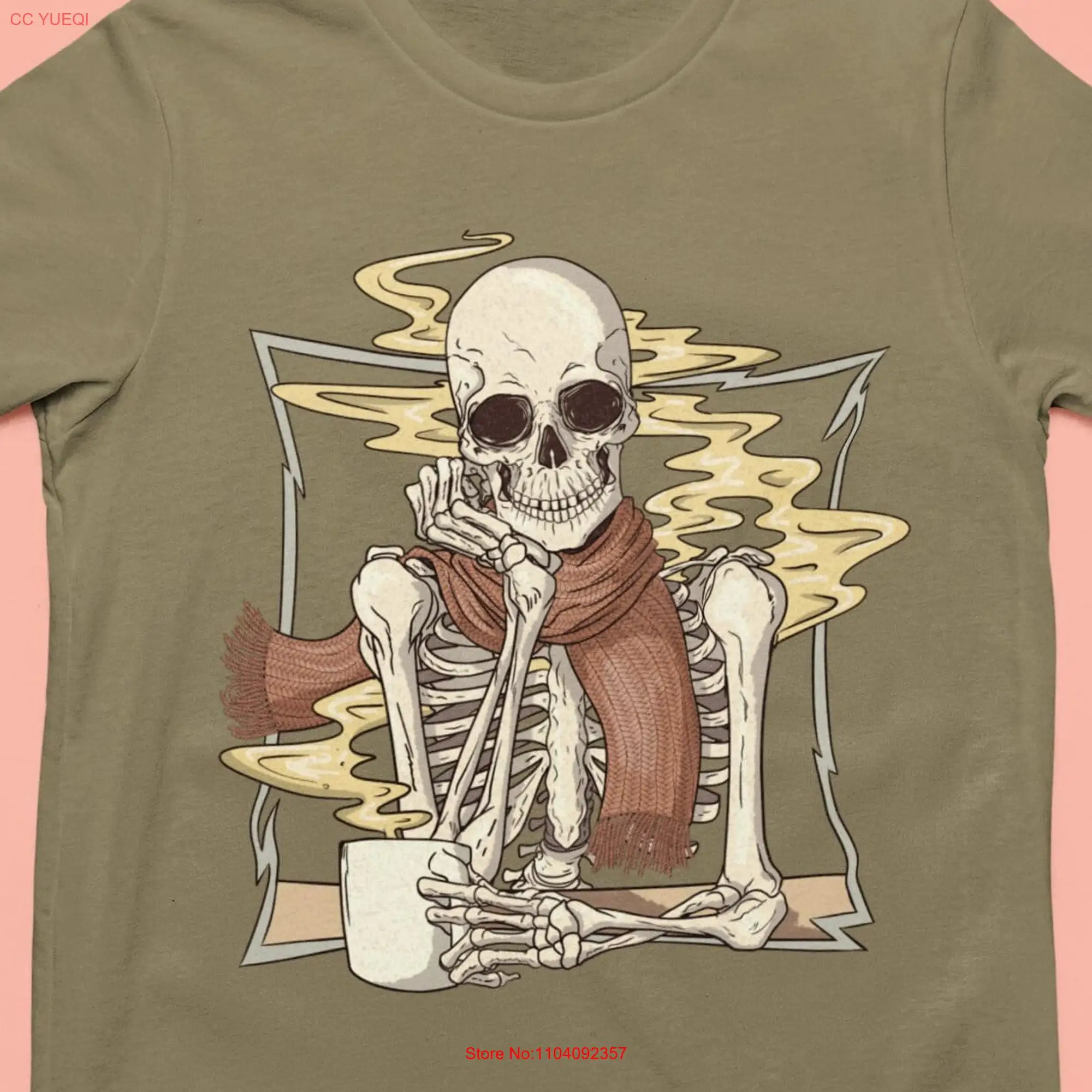 Skeleton in Autumn Scarf Coffee Lover T Shirt Fashionable Costume long or short sleeves