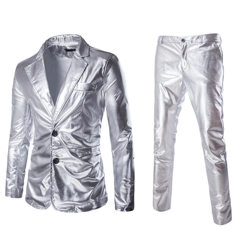 Fashion Reflective Fabric Two Piece Suit Male Autumn Plus Size Shiny Silver Casual Suit Set Men Slim Fit Suit Blazer 2 Piece Set