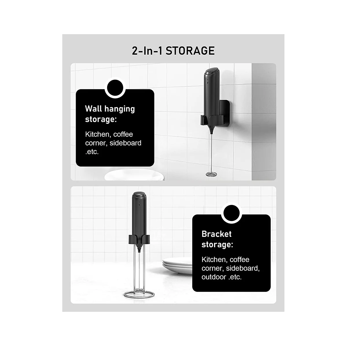 Handheld, Electric Milk Frothers with USB Rechargeable Stand, Portable Drink Mixer Pasteable Hanging Stand