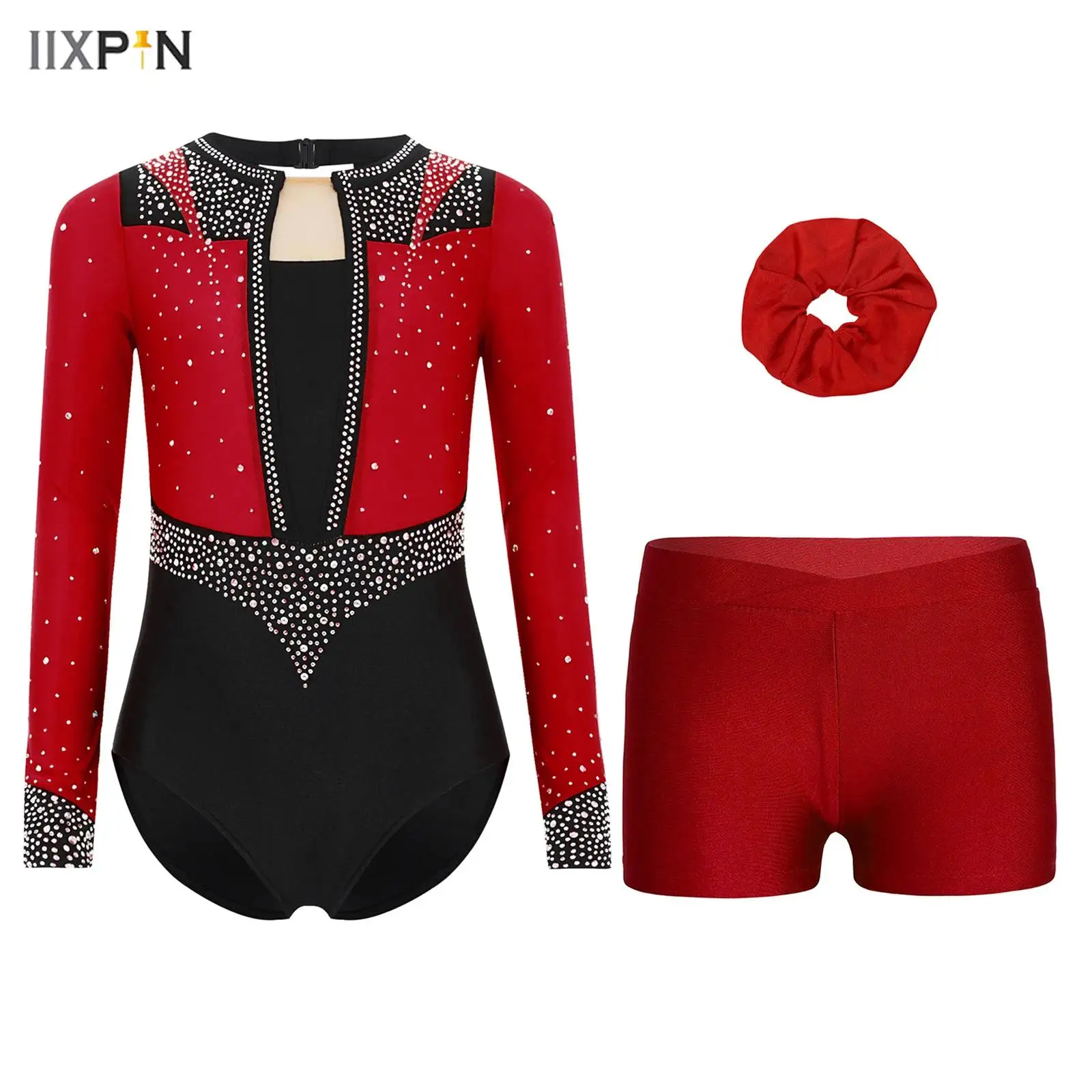 

Kids Girls 3-Piece Gymnastics Figure Skating Dance Outfit Keyhole Back Shiny Rhinestones Long Sleeve Leotard+Shorts+Hair Band