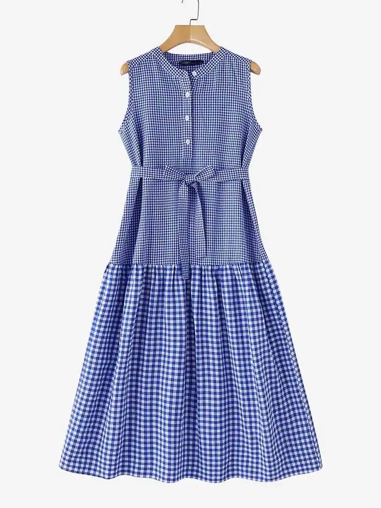 ZANZEA Women Summer Long Dress Fashion O-Neck Sleeveless Plaid Dress Holiday Beach Belted A Line Robes Casual 2025 Midi Sundress