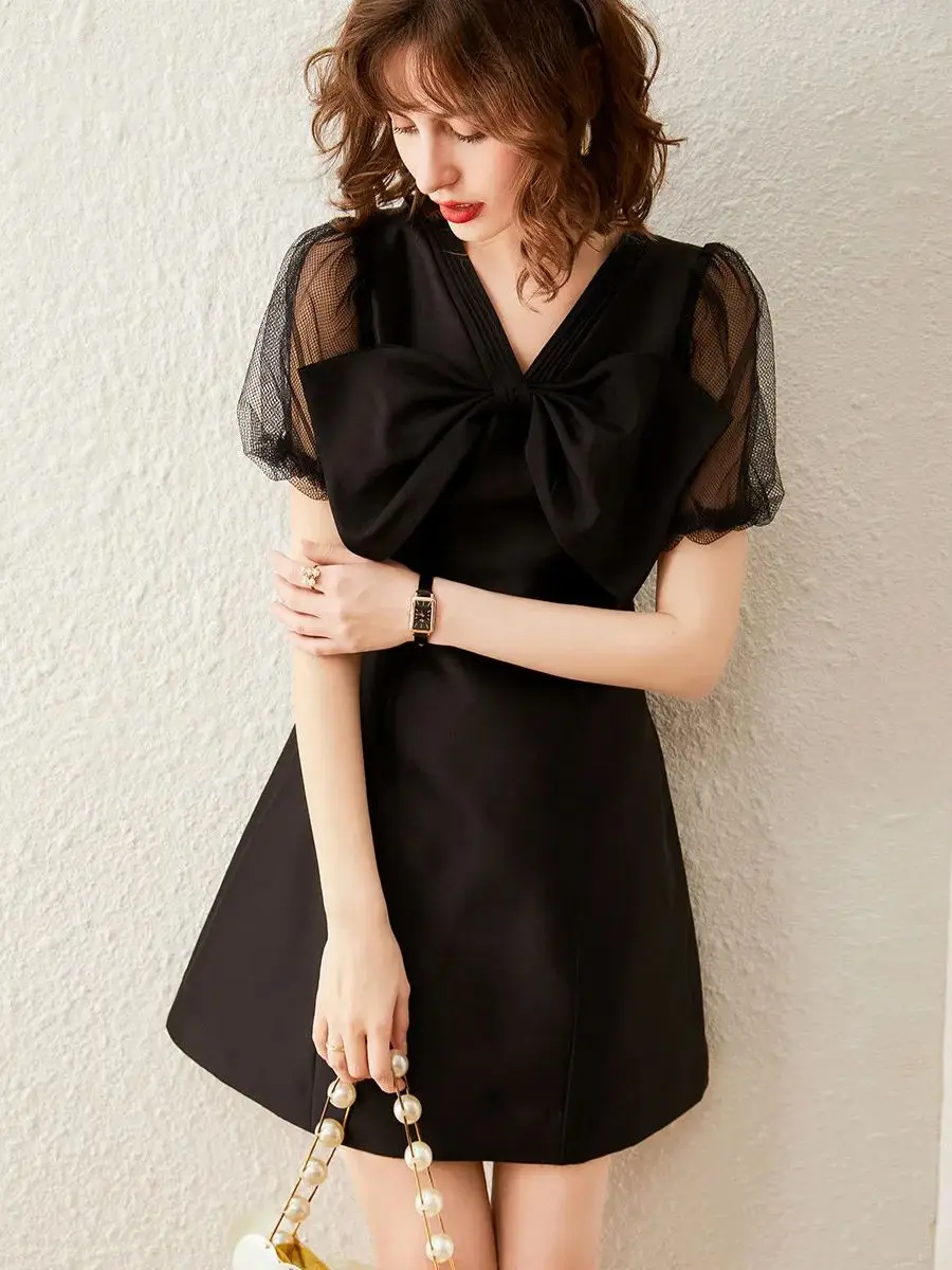 LOUIS YAO Women Dress V-Neck Short Sleeve 2024 Summer New Big Bow Decoration Sweat Mesh Puff Sleeve A-LINE Short Mini Dress