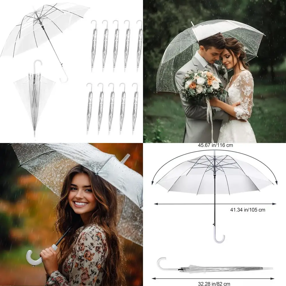 

Clear Bulk Wedding Umbrellas - Transparent Auto Open Close Windproof Waterproof with White J-Hook Handle for Outdoor Events