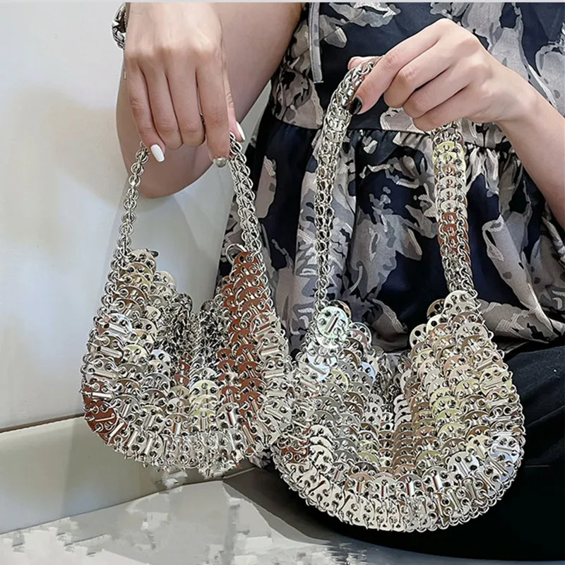 Fashion Silver Metal Sequins Women Shoulder Bags Designer Metallic Chains Crossbody Bag Luxury Evening Party Small Purses 2023