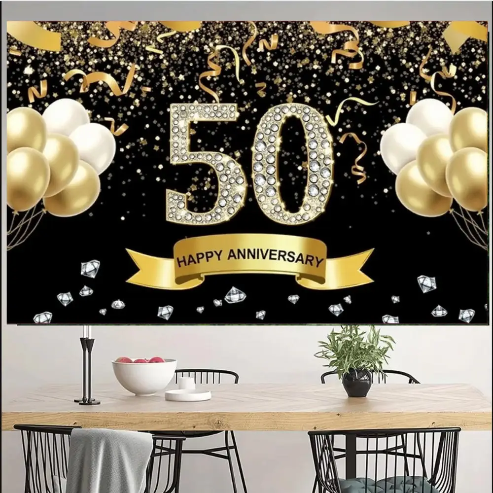 180 x 110 cm großes 50. Jahrestag-Banner, schwarzer Gold-Hintergrund, 50. Jahrestag, Hochzeitstag, Dekoration, Happy Anniversary Party