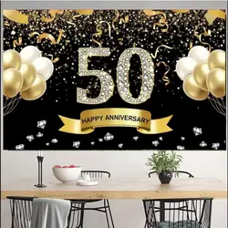 180x110cm 50th Anniversary Banner Black Gold Backdrop 50th Anniversary Wedding Anniversary Decoration Happy Anniversary Party