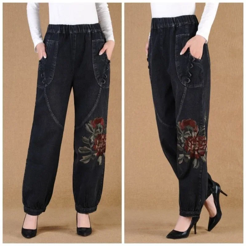 2024 High-Waisted Embroidered Women's Trousers Loose-Fit Plus Size Middle-Aged And Elderly Autumn New Denim Rhubarb Pants