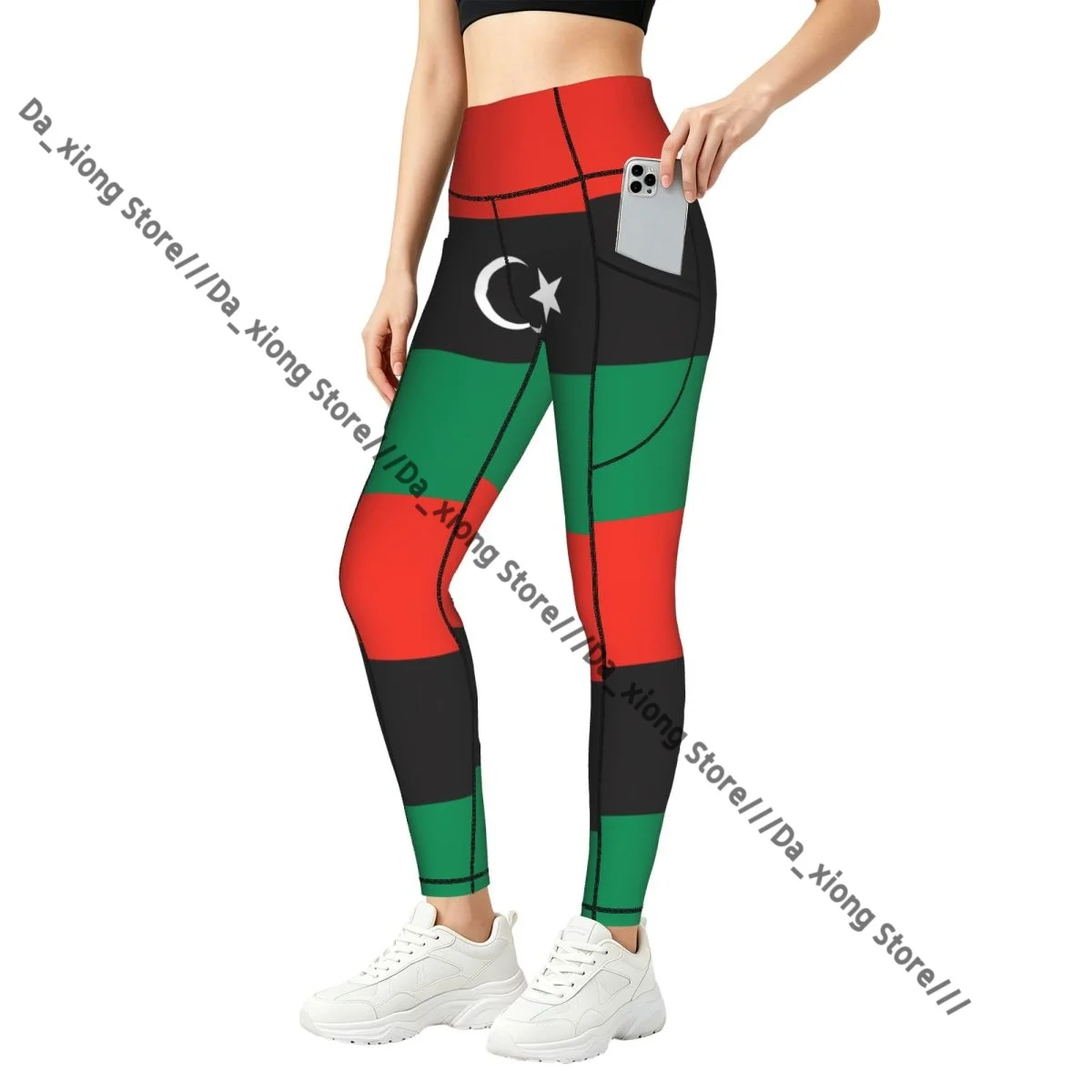 Ladies High Waist Yoga Leggings With Side Pockets Libya Flag Sports Running Pants