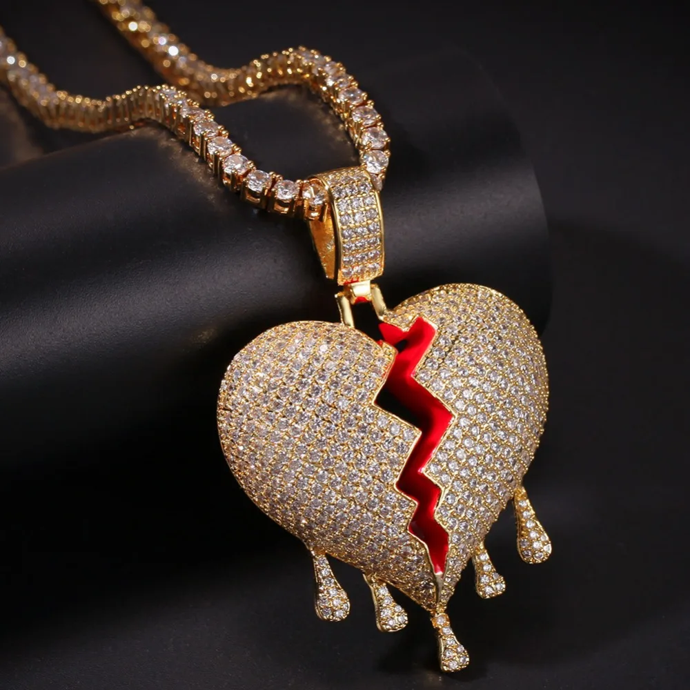 Hip Hop AAA CZ Cubic Zirconia Bling Iced Out Broken Water Drop Heart Pendants Necklace for Men Rapper Jewelry Gold Color