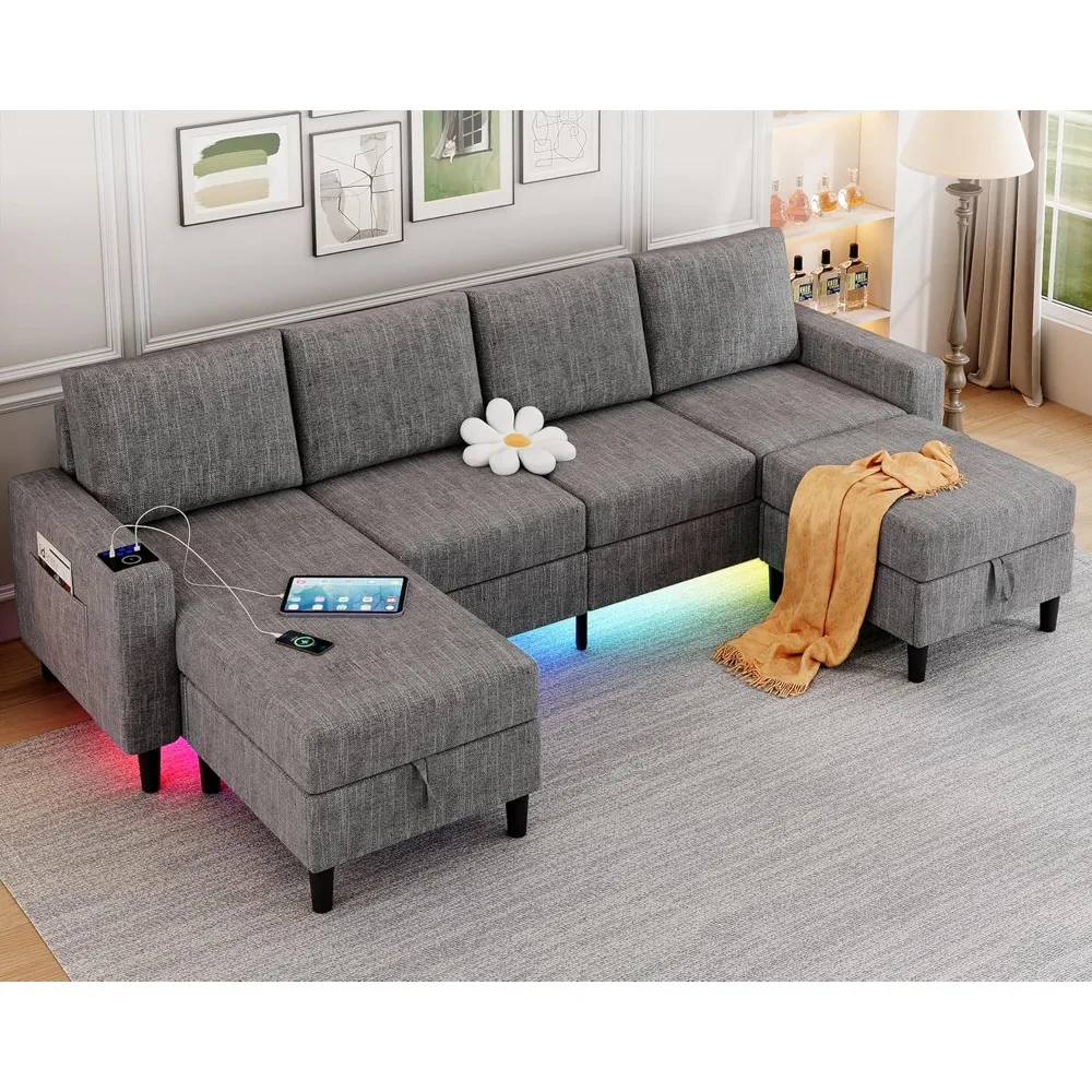 

Sectional Couches for Living Room, 4 Seat Linen Sectional Sofa with Reversible Chaise Lounge/Storage Ottoman